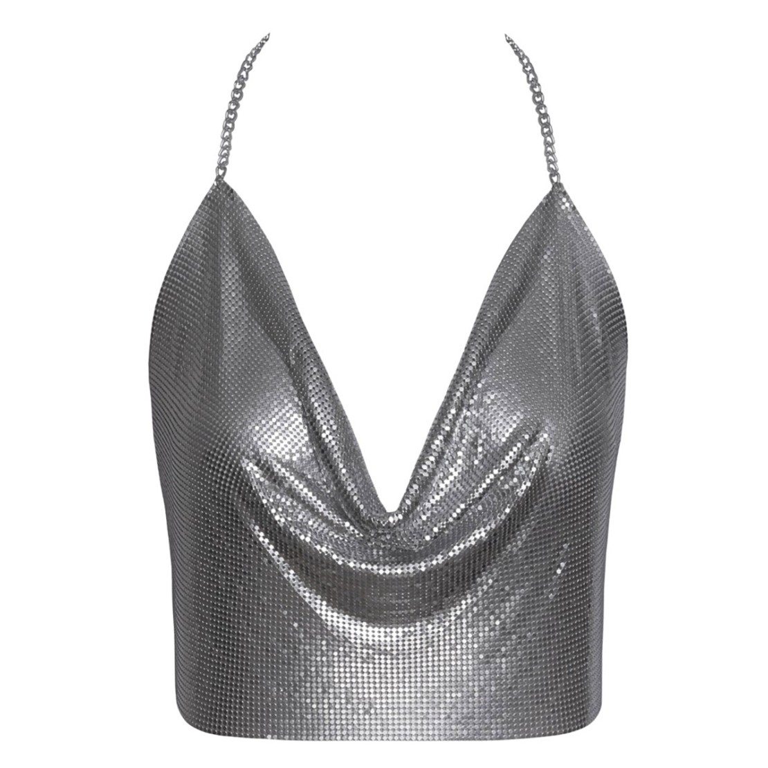 CROP TOP IN METALLO ARGENTO SCOLLO A CASCATA...