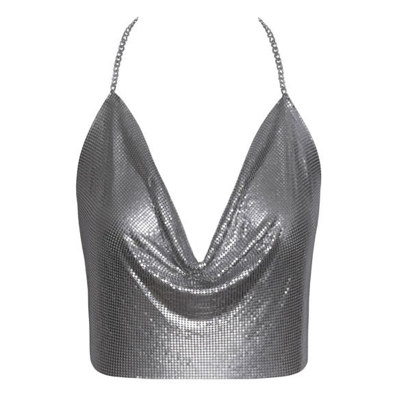 CROP TOP IN METALLO ARGENTO SCOLLO A CASCATA CON CATENA REGOLABILE