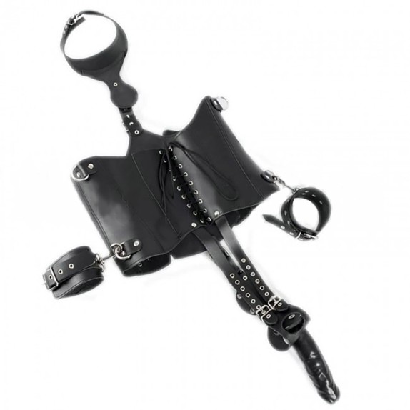 BODY IN PELLE CON DILDO IN LATEX E MANETTE INCLUSE CON CINGHIE E COLLARE