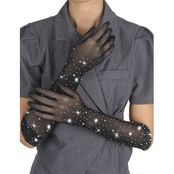 GUANTI SEXY NERI FINO AL GOMITO IN RETE SOTTILE CON STRASS