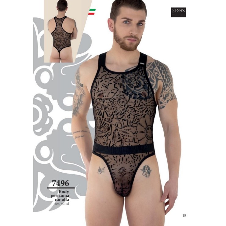 BODY A PERIZOMA SEXY PER UOMO CON RICAMI FLOREALI NERO...