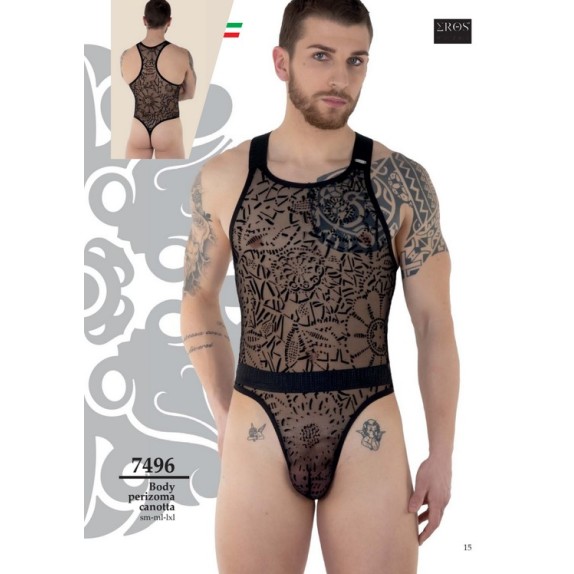 BODY A PERIZOMA SEXY PER UOMO CON RICAMI FLOREALI NERO EROS VENEZIANI