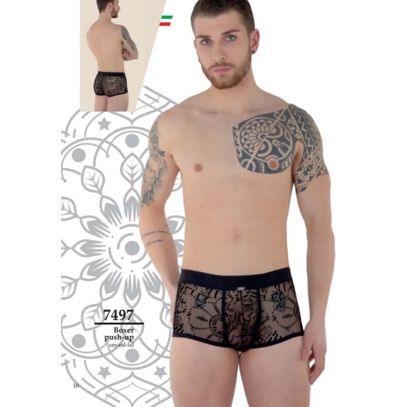 BOXER SEXY PER UOMO TRASPARENTE PUSH-UP CON ELASTICO E RICAMO FLOREALE NERO INTIMO EROS VENEZIANI