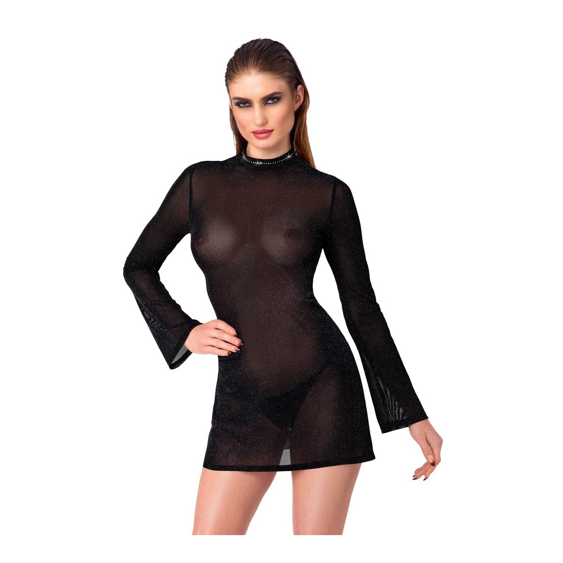 MINI ABITO IN LUREX TRASPARENTE CON STRASS SUL...