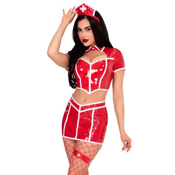 INFERMIERA 4 PZ COSTUME TRAVESTIMENTO SEXY IN PVC ROSSO