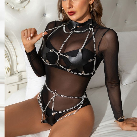 SET HARNESS COMPLETO 2 PEZZI CON CATENE METALLICHE E STELLE IN PELLE