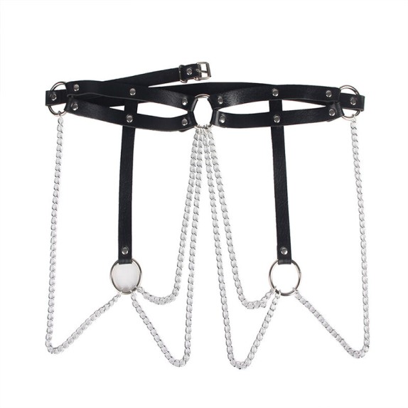 CINTURA HARNESS SEXY CON CATENE ARGENTATE PENDENTI E ANELLI METALLICI