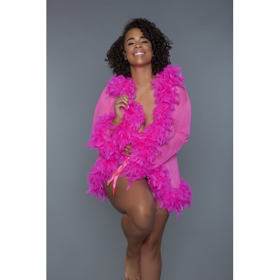 VESTAGLIA DI LUSSO IN CHIFFON CON BOA DI PIUME MORBIDE FUCSIA & ROSA-OF