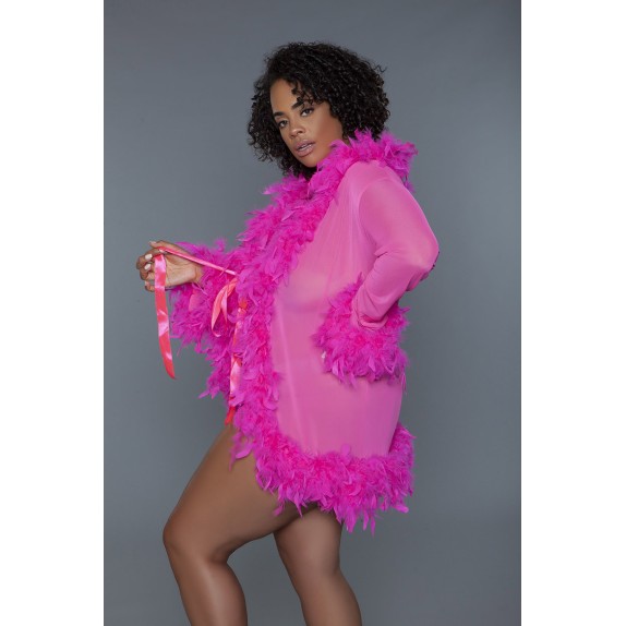 VESTAGLIA DI LUSSO IN CHIFFON CON BOA DI PIUME MORBIDE FUCSIA & ROSA-OF