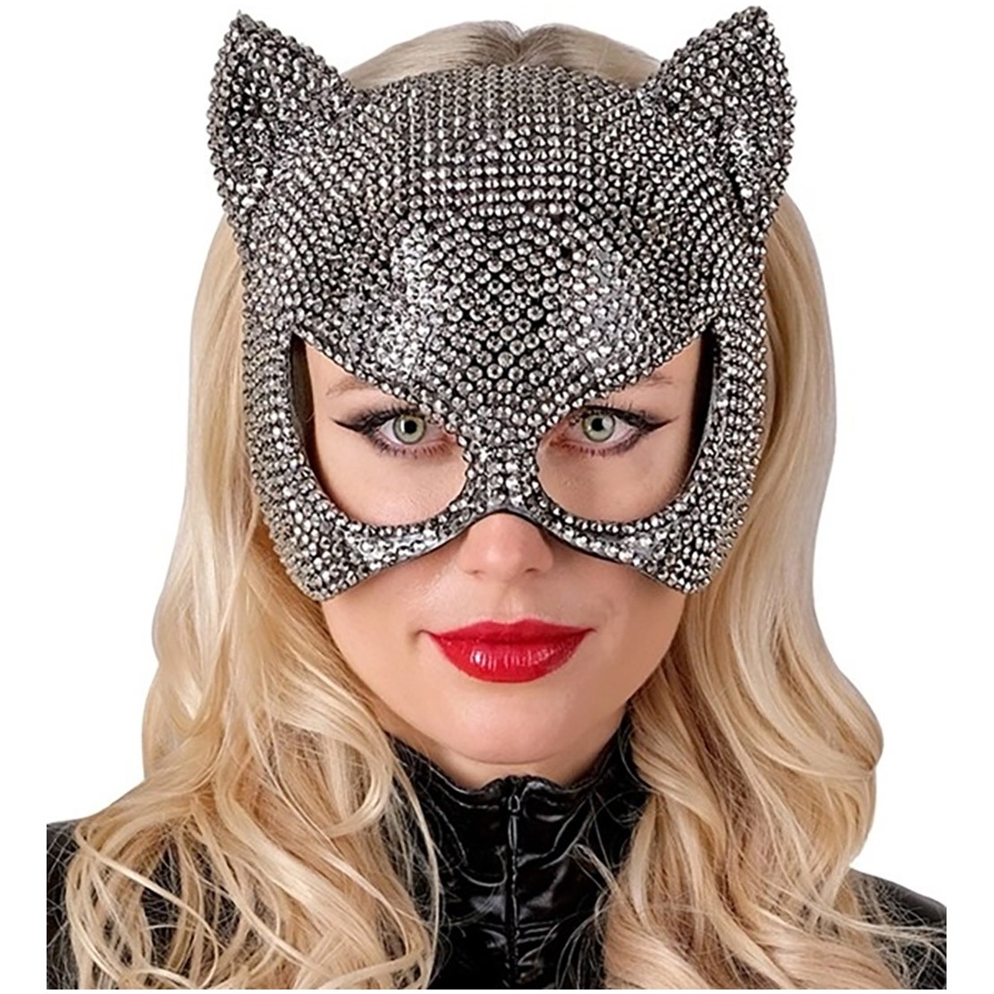 MASCHERA DA GATTO SEXY RIGIDA CON STRASS ARGENTATI