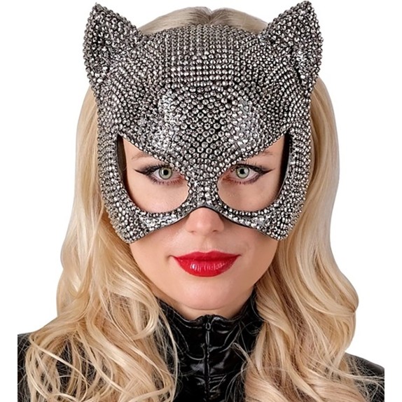 MASCHERA DA GATTO SEXY RIGIDA CON STRASS ARGENTATI