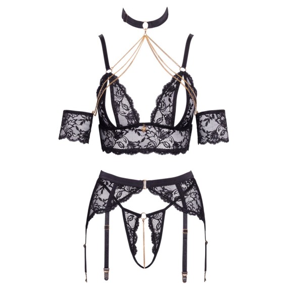 COMPLETO INTIMO SEXY PER DONNA IN PIZZO NERO FLOREALE SET 5 PEZZI