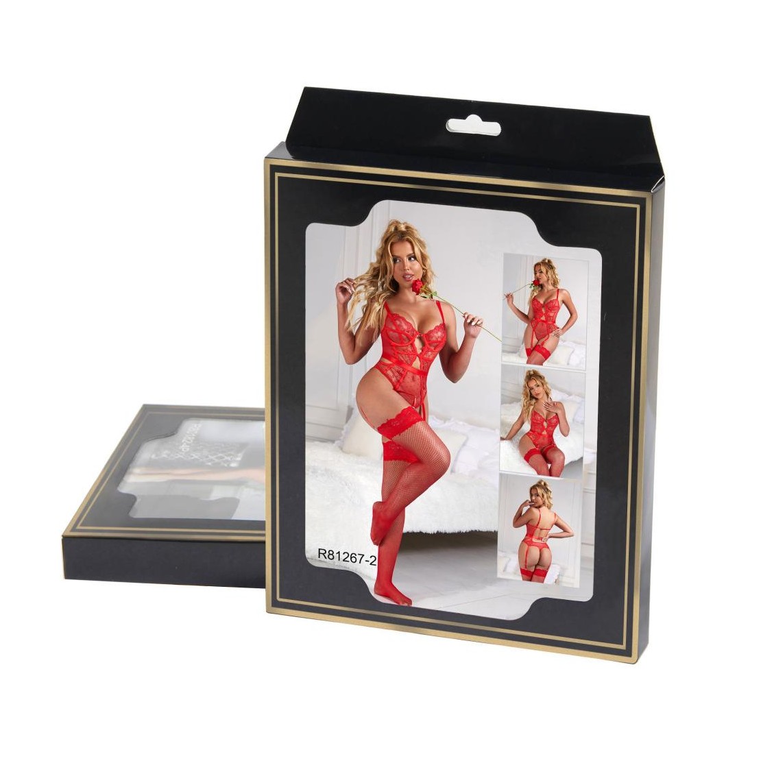 BODY SEXY IN PIZZO ROSSO A POIS CON REGGICALZE...