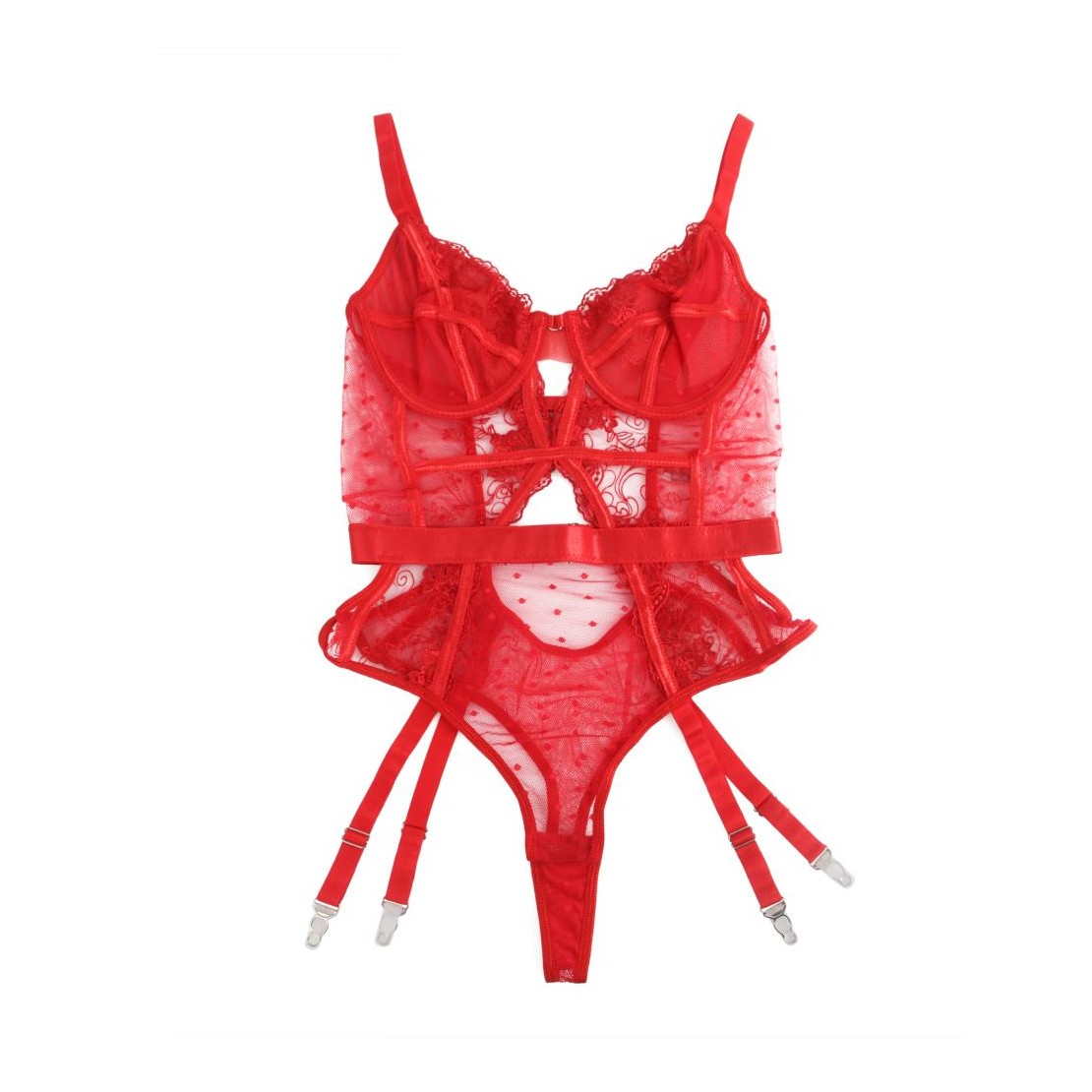 BODY SEXY IN PIZZO ROSSO A POIS CON REGGICALZE...