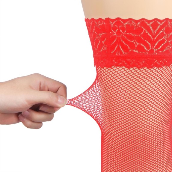 CALZE AUTOREGGENTI ROSSE SEXY PER DONNA A RETE CON BALZA IN PIZZO