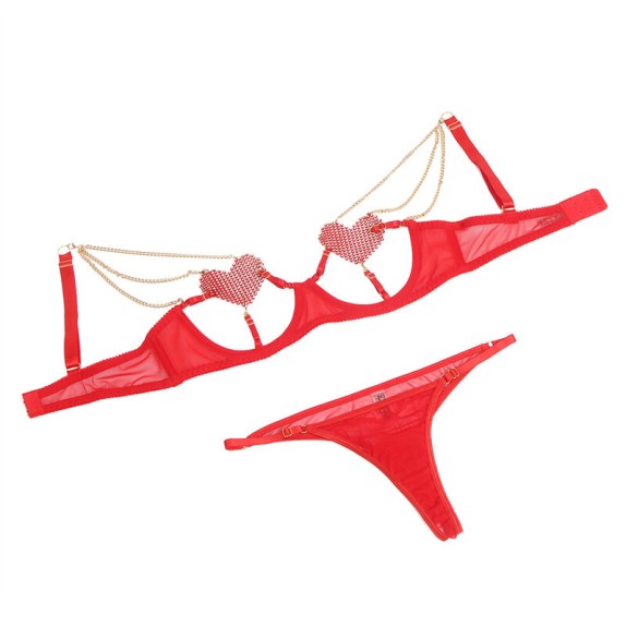 COMPLETO INTIMO SEXY CON REGGISENO ROSSO CUORI E STRASS E PERIZOMA