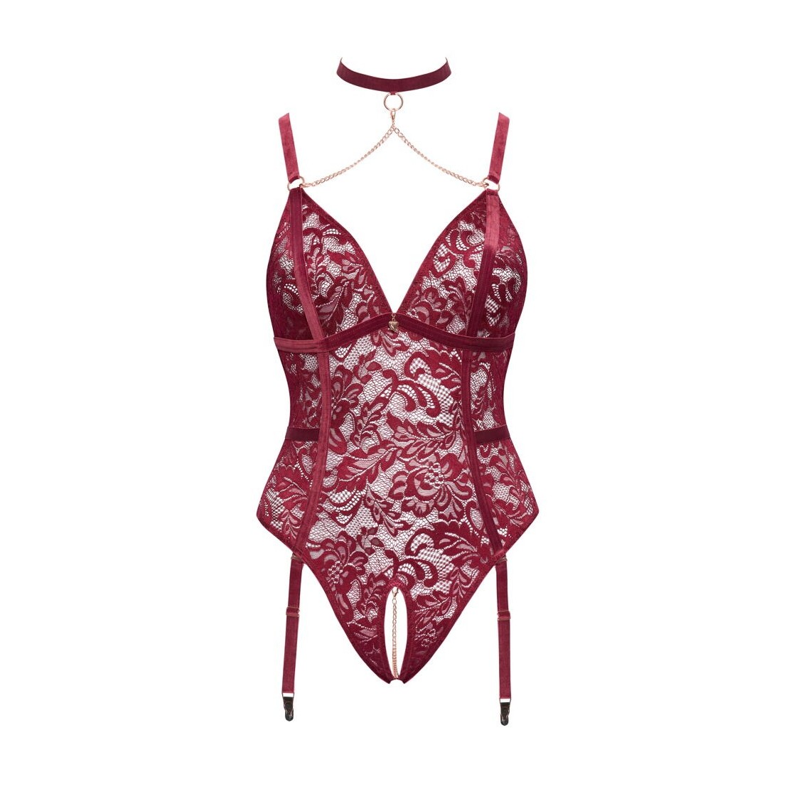 BODY APERTO IN PIZZO BORDEAUX CON PINZETTE E...