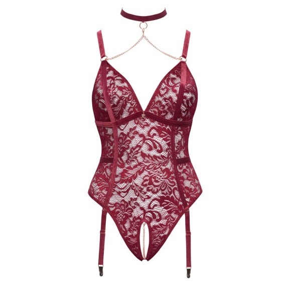 BODY APERTO IN PIZZO BORDEAUX CON PINZETTE E CATENE TAGLIE PLUS