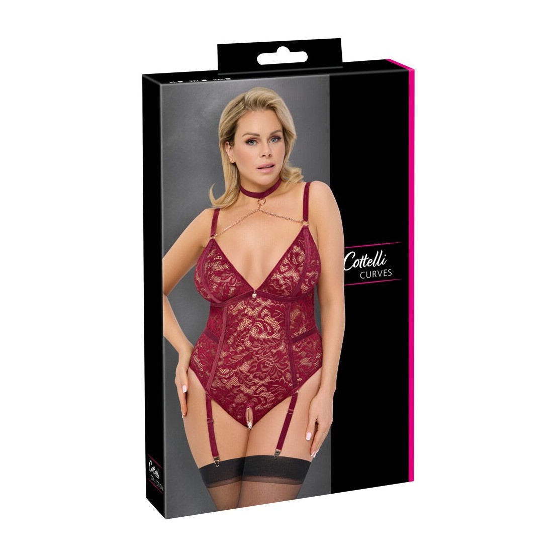 BODY APERTO IN PIZZO BORDEAUX CON PINZETTE E...