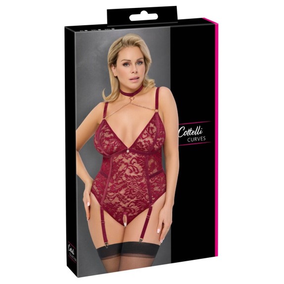 BODY APERTO IN PIZZO BORDEAUX CON PINZETTE E CATENE TAGLIE PLUS