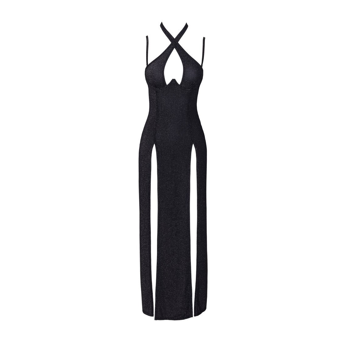 ABITO LUNGO NERO GLITTER SEXY PER DONNA CON...