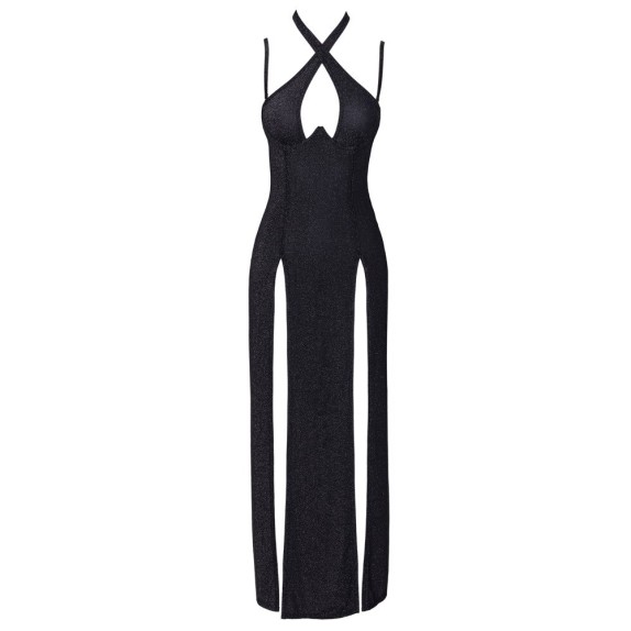 ABITO LUNGO NERO GLITTER SEXY PER DONNA CON SCOLLO E SPACCHI