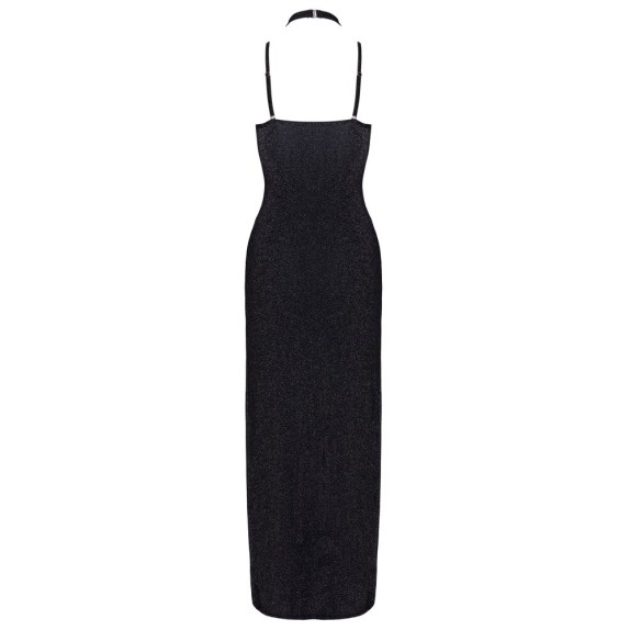 ABITO LUNGO NERO GLITTER SEXY PER DONNA CON SCOLLO E SPACCHI