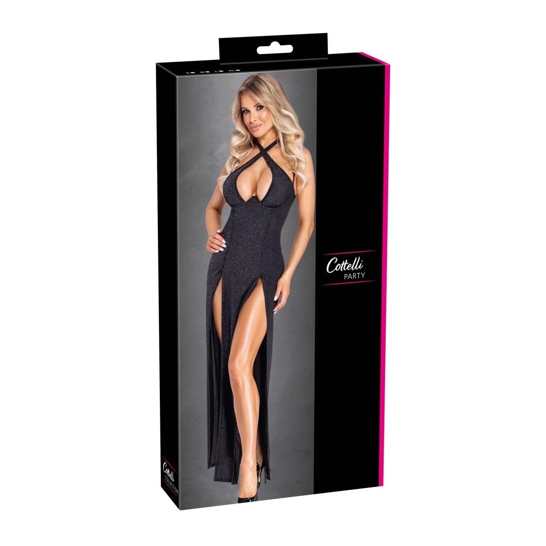 ABITO LUNGO NERO GLITTER SEXY PER DONNA CON...